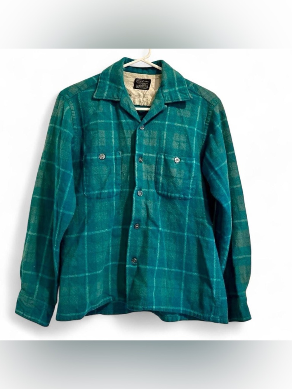 Sears Vintage 70s 80s Blue Green Plaid Flannel Wool‎ Blend Button Down Shirt